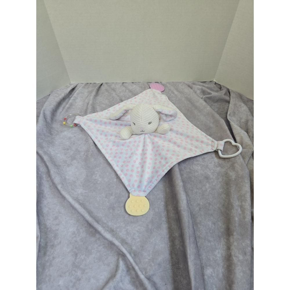 Modern Baby Bunny Rabbit Lovey Security Blanket Teether Rattle Polka Dot Pink